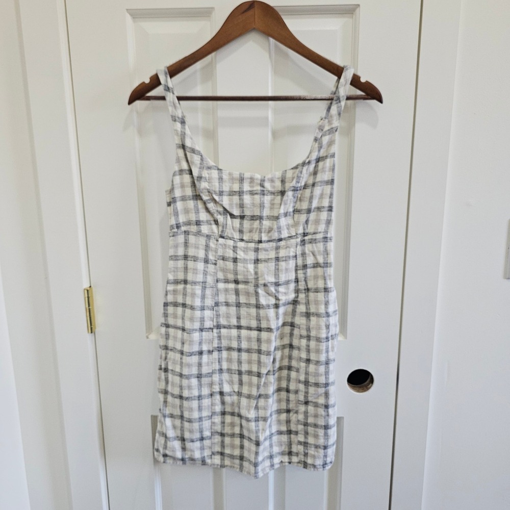 Urban Outfitters Plaid Linen Blend Mini Dress Ivory Black Size Small S-P